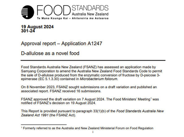 Australia New Zealand authority FSANZ published approval D-Allulose Report as a novel food