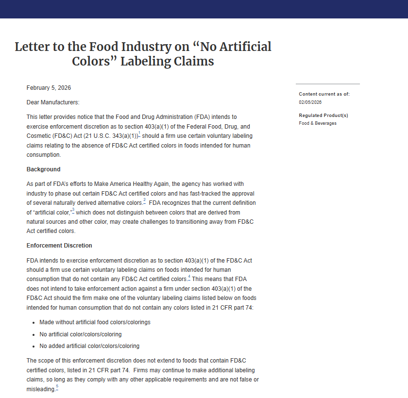 US FDA Letter to the Food Industry on “No Artificial Colors” Labeling Claims
