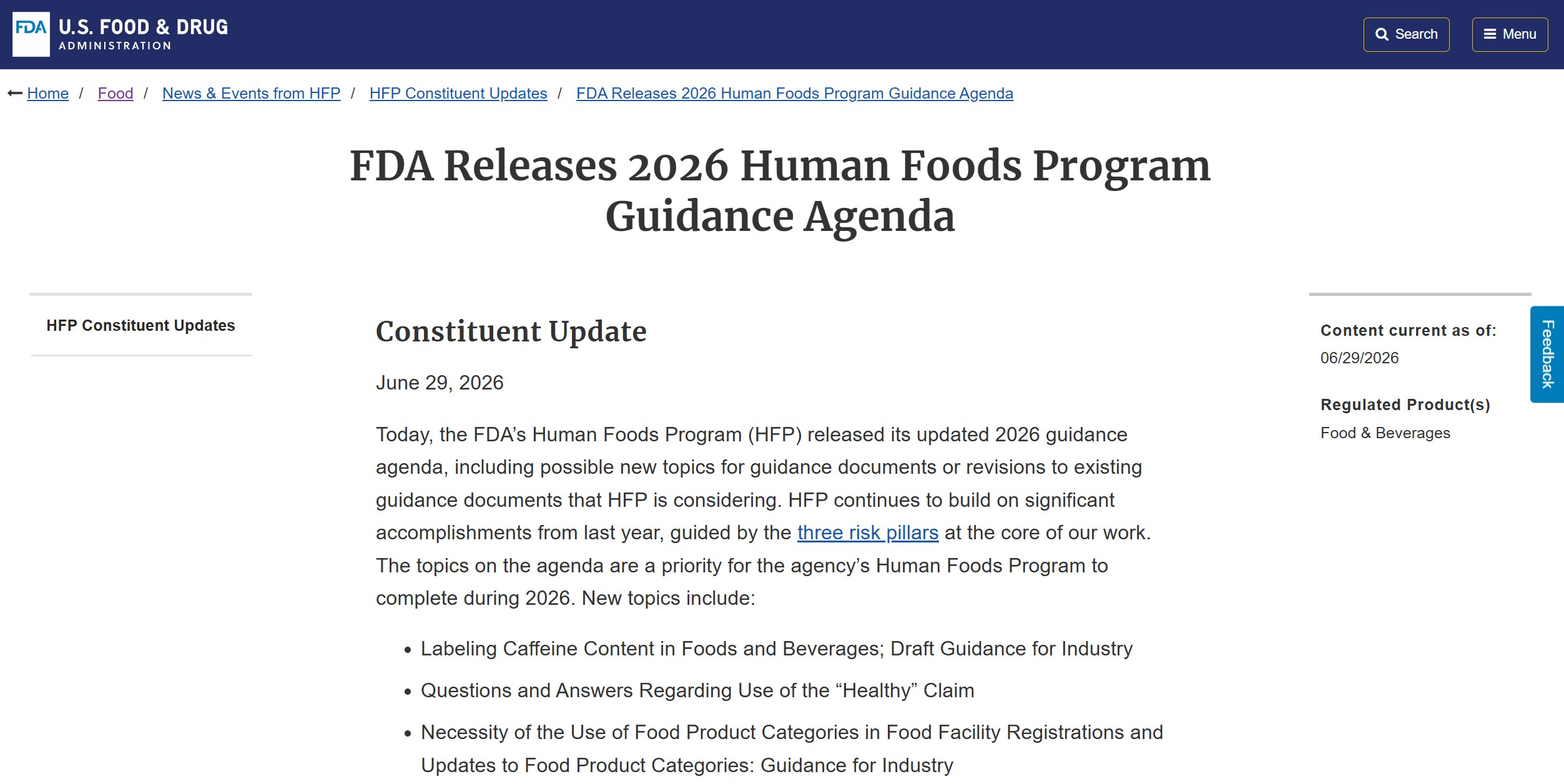 美国FDA发布2026年人类食品项目指南议程