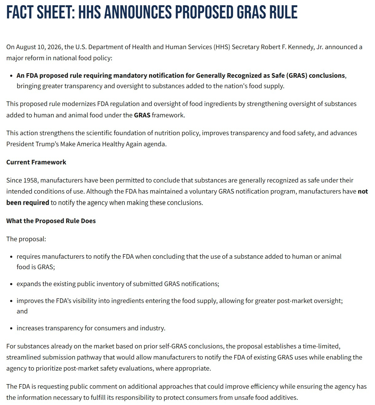 US HHS Announces Proposed Rule to Strengthen Transparency and Oversight of GRAS Substances in the U.S. Food Supply